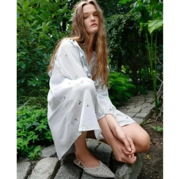 Zara Daisy Floral Embroidered Ruffle Neckline Cotton Mini Dress Light Blue XS - Picture 4 of 11